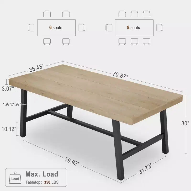 Table à manger industrielle pour 6 à 8 personnes, table à manger rectangulaire de 200 cm de long, table de cuisine en bois avec cadre métallique robuste pour salle à manger