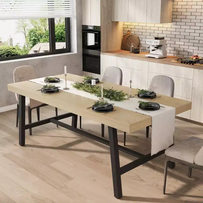 Table à manger industrielle pour 6 à 8 personnes, table à manger rectangulaire de 200 cm de long, table de cuisine en bois avec cadre métallique robuste pour salle à manger