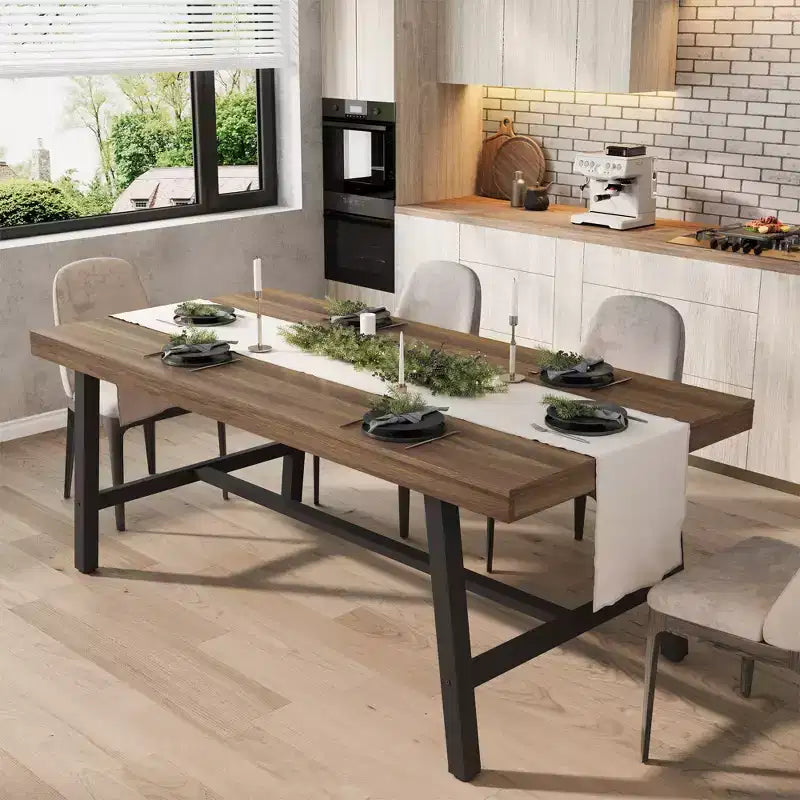 Table à manger industrielle pour 6 à 8 personnes, table à manger rectangulaire de 200 cm de long, table de cuisine en bois avec cadre métallique robuste pour salle à manger