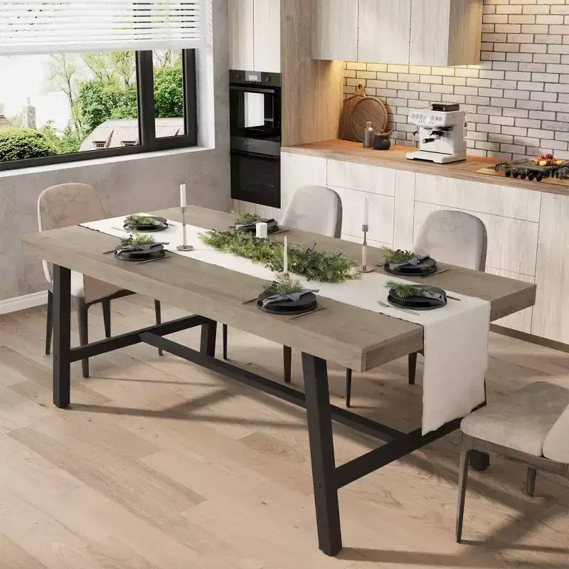 Table à manger industrielle pour 6 à 8 personnes, table à manger rectangulaire de 200 cm de long, table de cuisine en bois avec cadre métallique robuste pour salle à manger