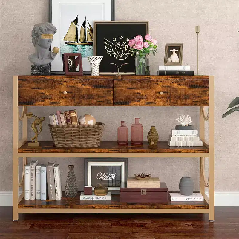 Console, Table d'entrée - Luxe léger avec 2 tiroirs et 2 étagères, Cadre en U Marron Rustique/Or, Pieds réglables pour Couloir/Salon