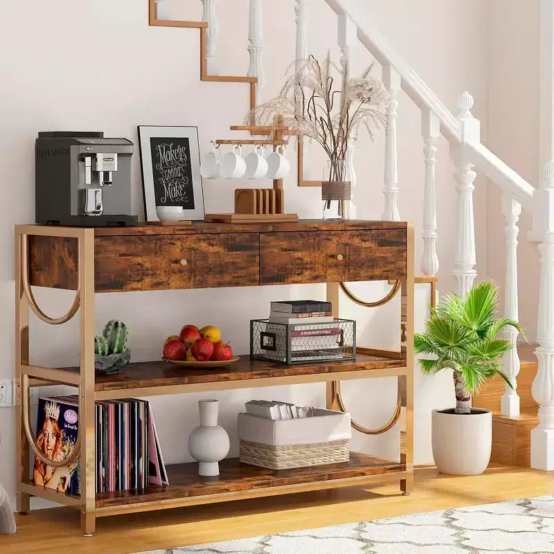 Console, Table d'entrée - Luxe léger avec 2 tiroirs et 2 étagères, Cadre en U Marron Rustique/Or, Pieds réglables pour Couloir/Salon