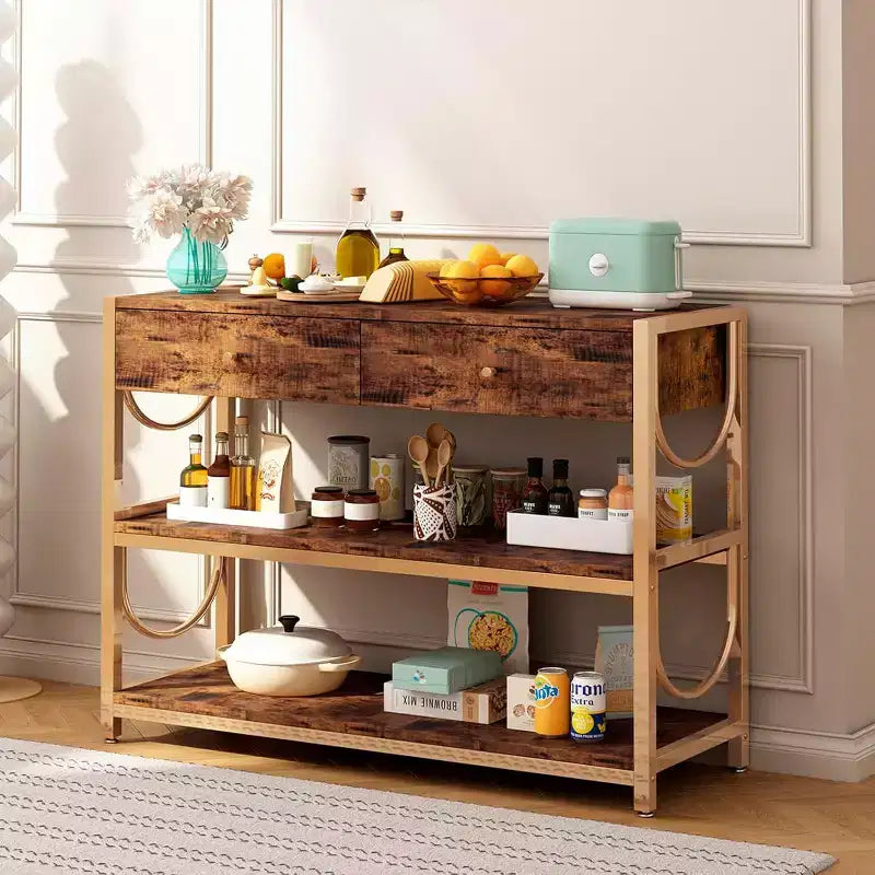 Console, Table d'entrée - Luxe léger avec 2 tiroirs et 2 étagères, Cadre en U Marron Rustique/Or, Pieds réglables pour Couloir/Salon