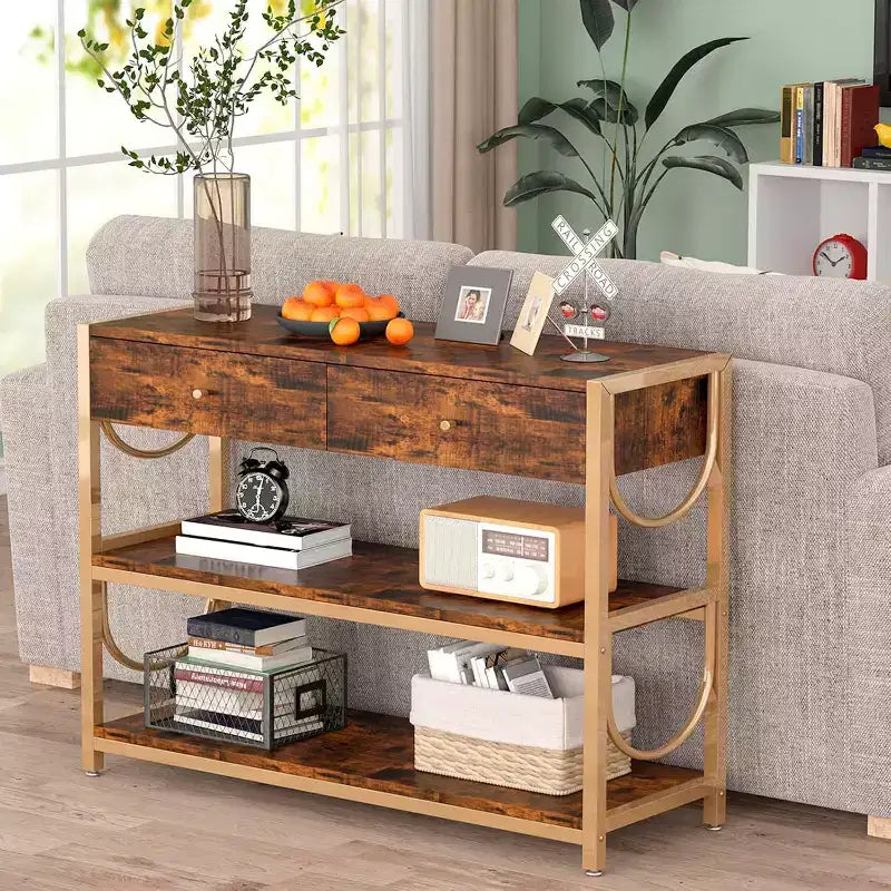 Console, Table d'entrée - Luxe léger avec 2 tiroirs et 2 étagères, Cadre en U Marron Rustique/Or, Pieds réglables pour Couloir/Salon