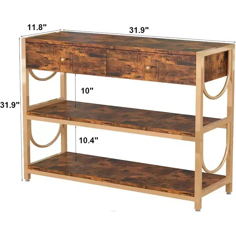 Console, Table d'entrée - Luxe léger avec 2 tiroirs et 2 étagères, Cadre en U Marron Rustique/Or, Pieds réglables pour Couloir/Salon