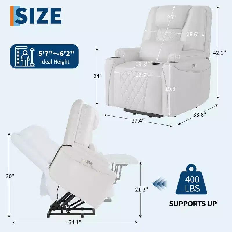 Fauteuil inclinable releveur - Cuir PU inclinable, 3 positions réglables, poches de rangement latérales, porte-gobelets, fauteuil releveur électrique