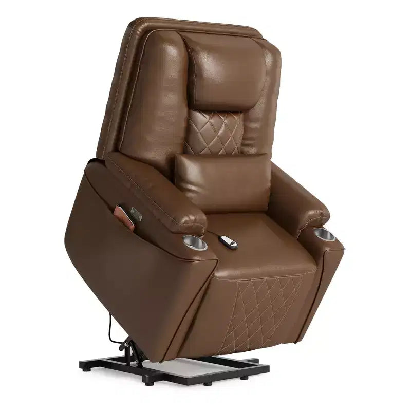 Fauteuil inclinable releveur - Cuir PU inclinable, 3 positions réglables, poches de rangement latérales, porte-gobelets, fauteuil releveur électrique