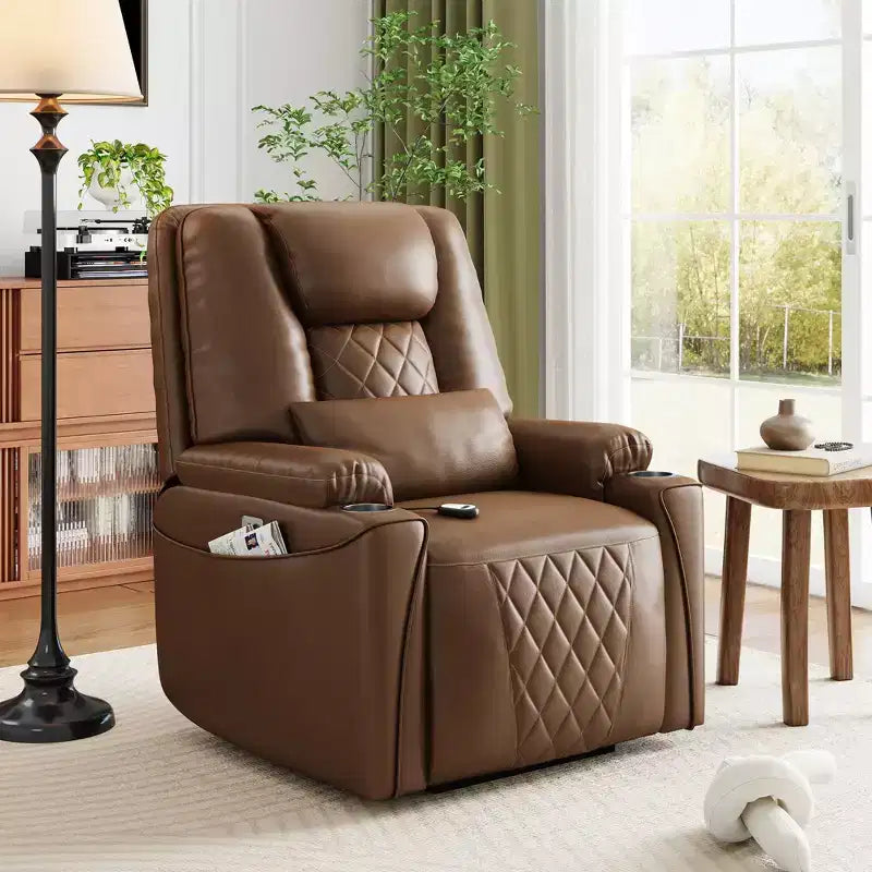 Fauteuil inclinable releveur - Cuir PU inclinable, 3 positions réglables, poches de rangement latérales, porte-gobelets, fauteuil releveur électrique