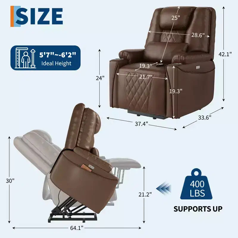 Fauteuil inclinable releveur - Cuir PU inclinable, 3 positions réglables, poches de rangement latérales, porte-gobelets, fauteuil releveur électrique