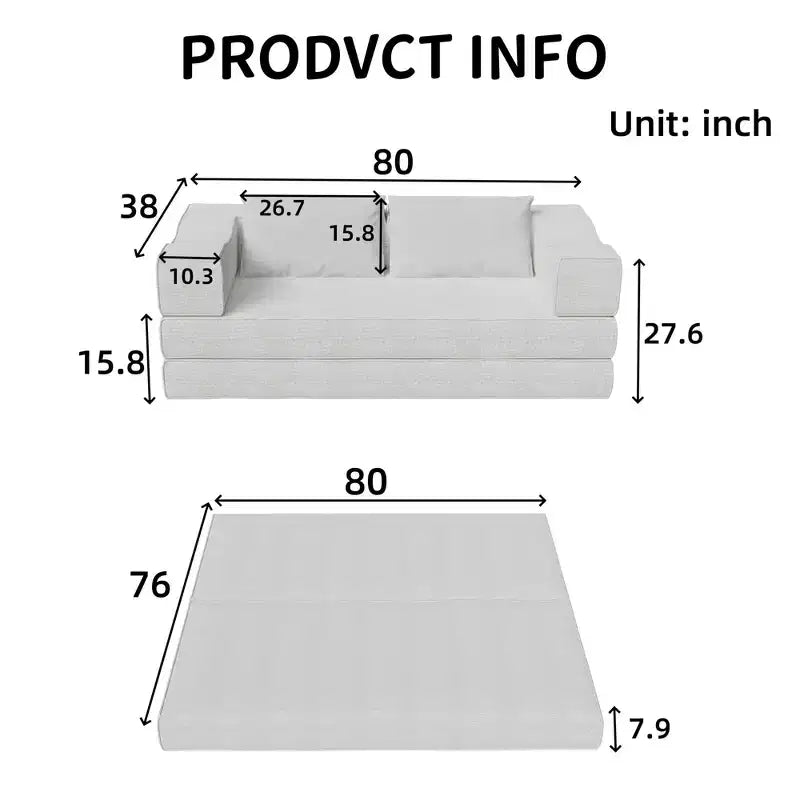 Canapé-lit 3 places de 80 po avec 2 oreillers, matelas de sol pliable très grand et tissu chenille