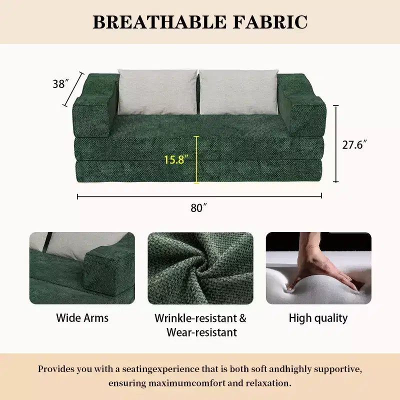 Canapé-lit 3 places de 80 po avec 2 oreillers, matelas de sol pliable très grand et tissu chenille