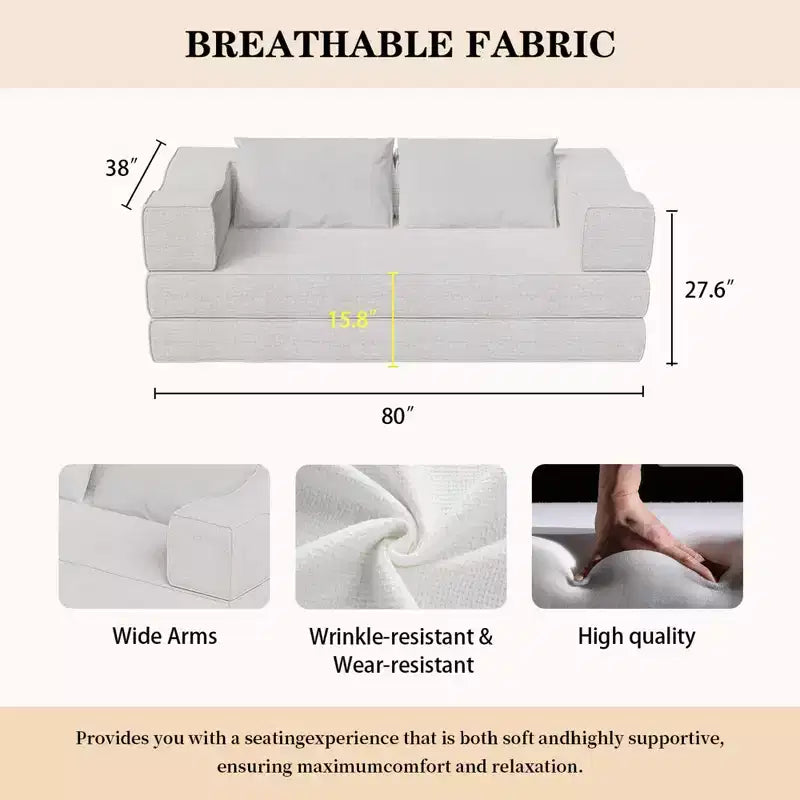 Canapé-lit 3 places de 80 po avec 2 oreillers, matelas de sol pliable très grand et tissu chenille