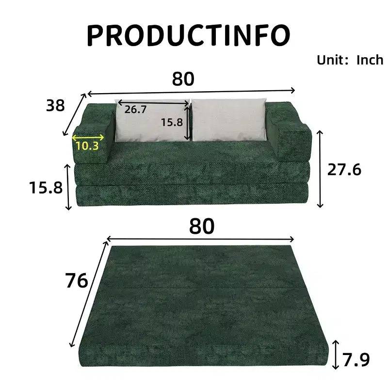 Canapé-lit 3 places de 80 po avec 2 oreillers, matelas de sol pliable très grand et tissu chenille