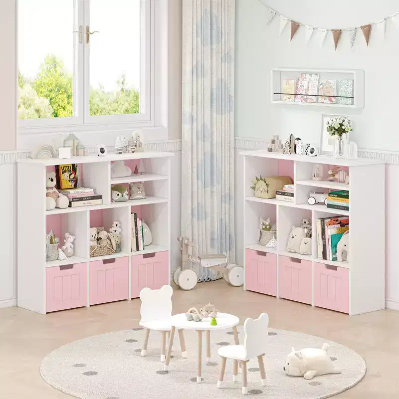 Étagère de bibliothèque pour enfants avec 3 tiroirs mobiles et 6 cubes de rangement pour jouets Blanc