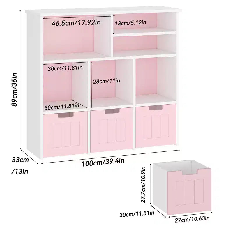 Étagère de bibliothèque pour enfants avec 3 tiroirs mobiles et 6 cubes de rangement pour jouets Blanc