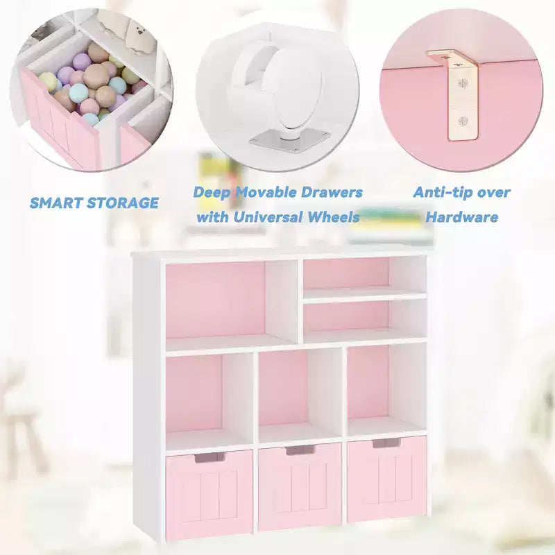Étagère de bibliothèque pour enfants avec 3 tiroirs mobiles et 6 cubes de rangement pour jouets Blanc