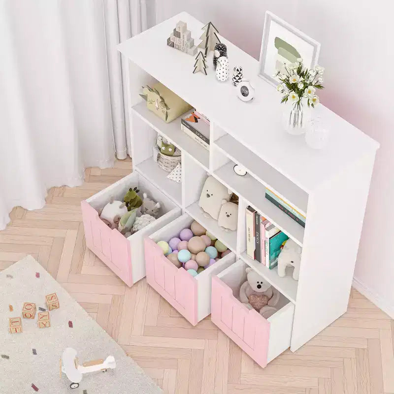 Étagère de bibliothèque pour enfants avec 3 tiroirs mobiles et 6 cubes de rangement pour jouets Blanc