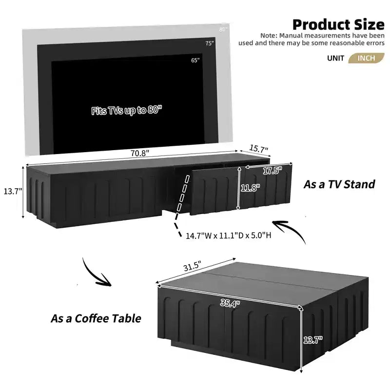 Meuble TV de 203 cm avec design arqué, table basse moderne à double usage avec 4 tiroirs, armoire de rangement multifonctionnelle