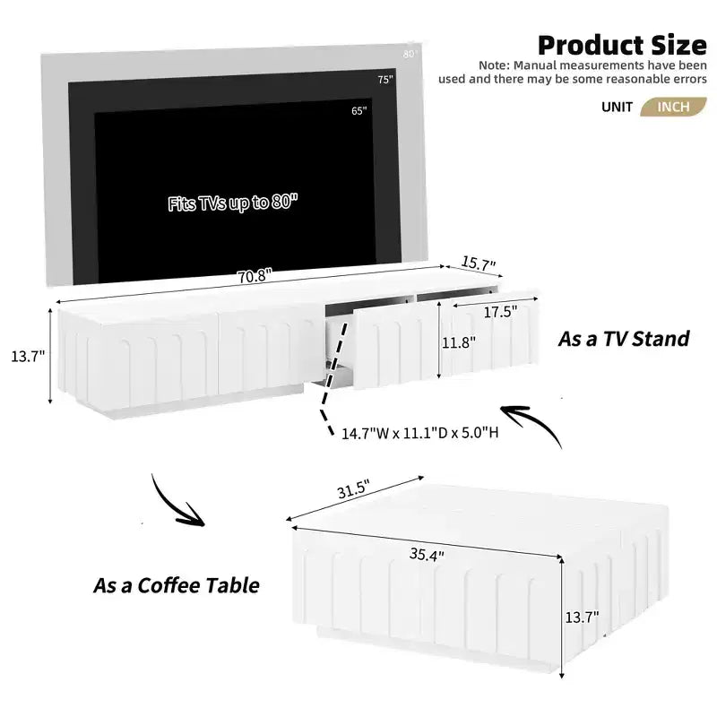 Meuble TV de 203 cm avec design arqué, table basse moderne à double usage avec 4 tiroirs, armoire de rangement multifonctionnelle