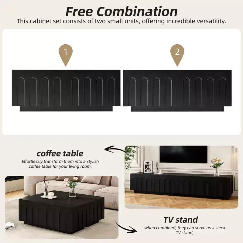 Meuble TV de 203 cm avec design arqué, table basse moderne à double usage avec 4 tiroirs, armoire de rangement multifonctionnelle