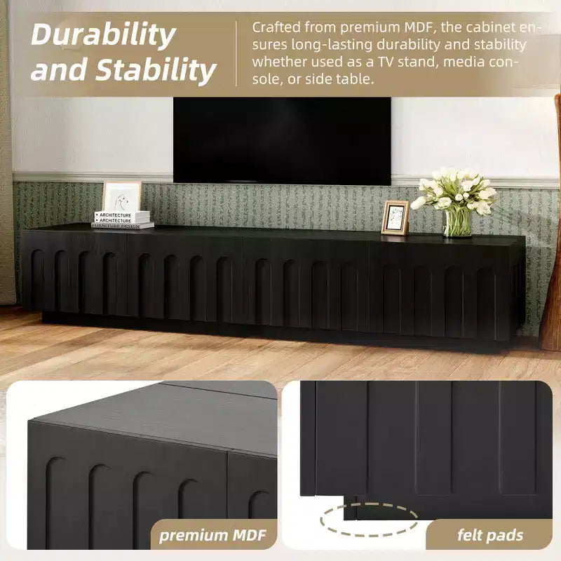 Meuble TV de 203 cm avec design arqué, table basse moderne à double usage avec 4 tiroirs, armoire de rangement multifonctionnelle