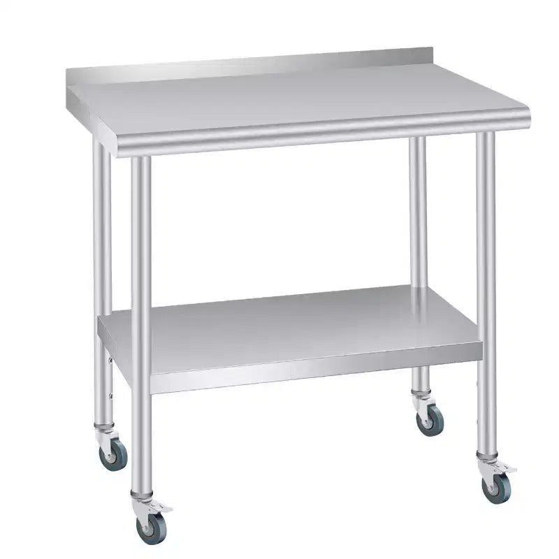 Table en acier inoxydable 30 x 24 pouces avec dosseret, 4 roulettes, plan de travail de cuisine robuste avec étagère inférieure réglable pour les entreprises de restauration