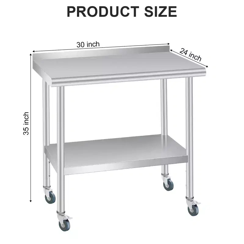 Table en acier inoxydable 30 x 24 pouces avec dosseret, 4 roulettes, plan de travail de cuisine robuste avec étagère inférieure réglable pour les entreprises de restauration
