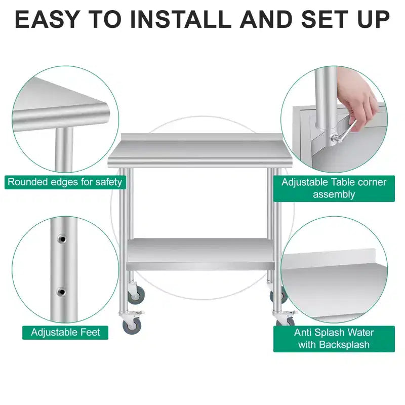 Table en acier inoxydable 30 x 24 pouces avec dosseret, 4 roulettes, plan de travail de cuisine robuste avec étagère inférieure réglable pour les entreprises de restauration