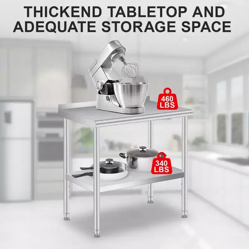 Table en acier inoxydable 30 x 24 pouces avec dosseret, 4 roulettes, plan de travail de cuisine robuste avec étagère inférieure réglable pour les entreprises de restauration