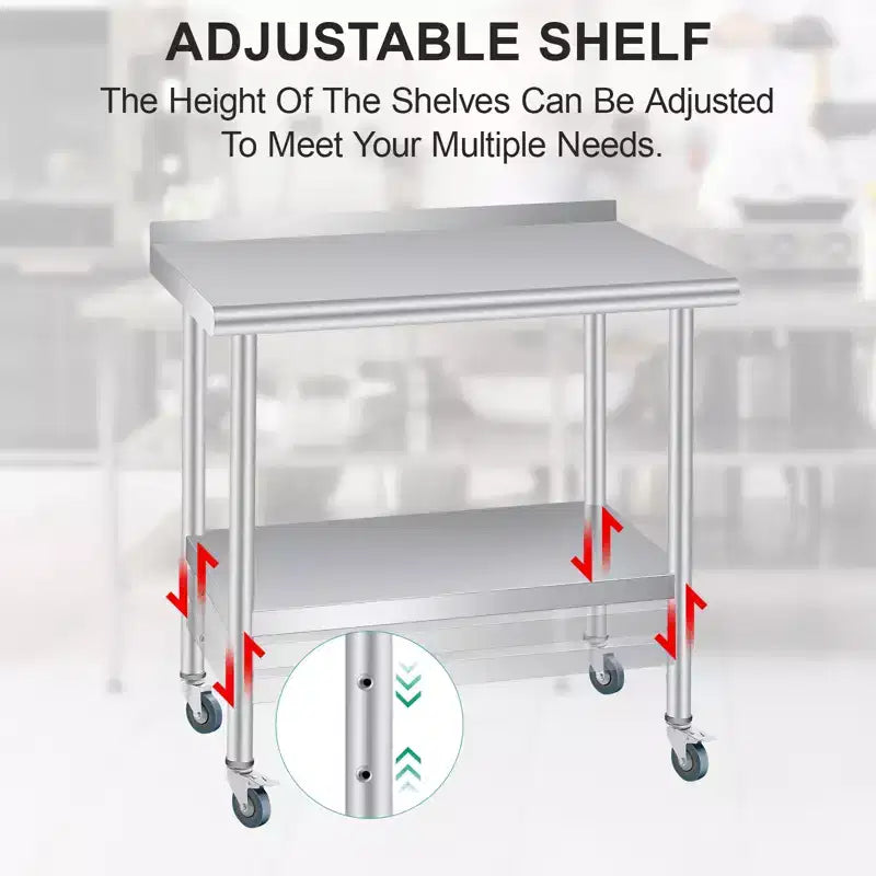 Table en acier inoxydable 30 x 24 pouces avec dosseret, 4 roulettes, plan de travail de cuisine robuste avec étagère inférieure réglable pour les entreprises de restauration