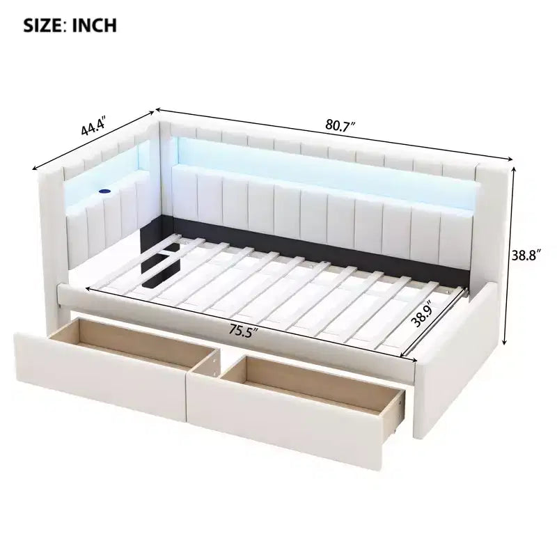 Lit plate-forme double rembourré avec ports USB et bande LED, avec 2 tiroirs, blanc