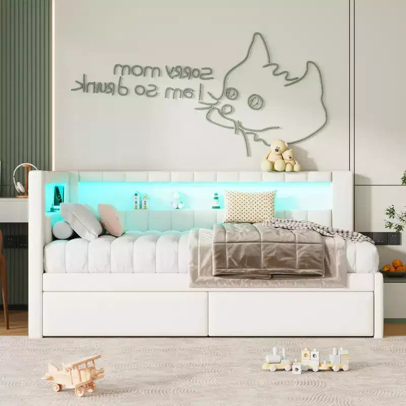 Lit plate-forme double rembourré avec ports USB et bande LED, avec 2 tiroirs, blanc