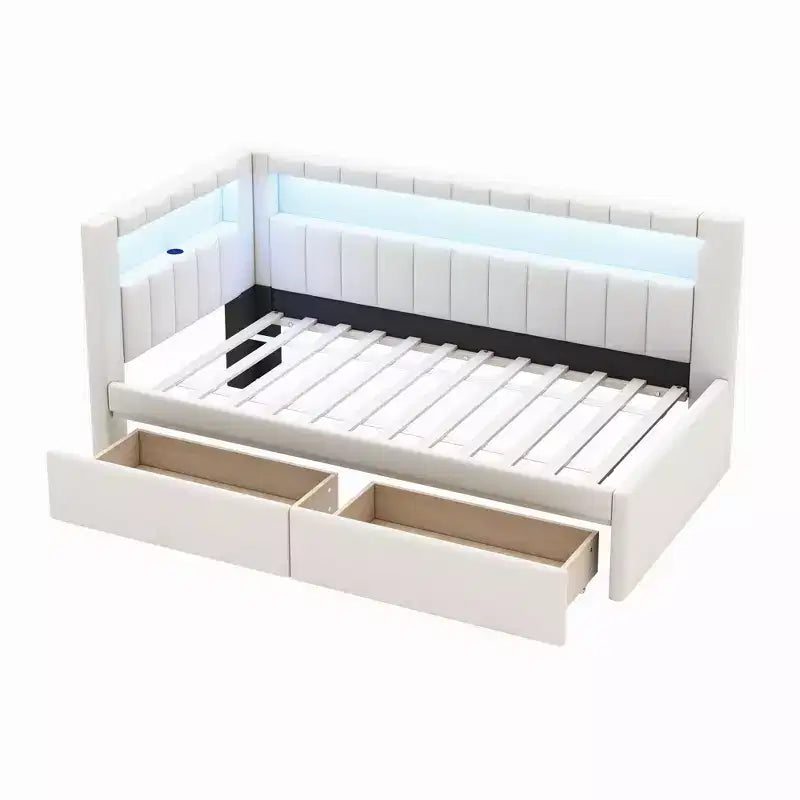 Lit plate-forme double rembourré avec ports USB et bande LED, avec 2 tiroirs, blanc