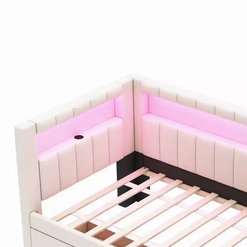 Lit plate-forme double rembourré avec ports USB et bande LED, avec 2 tiroirs, blanc