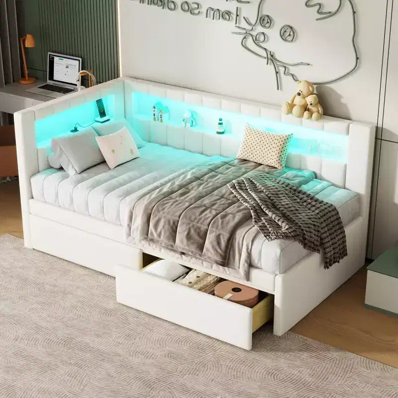 Lit plate-forme double rembourré avec ports USB et bande LED, avec 2 tiroirs, blanc