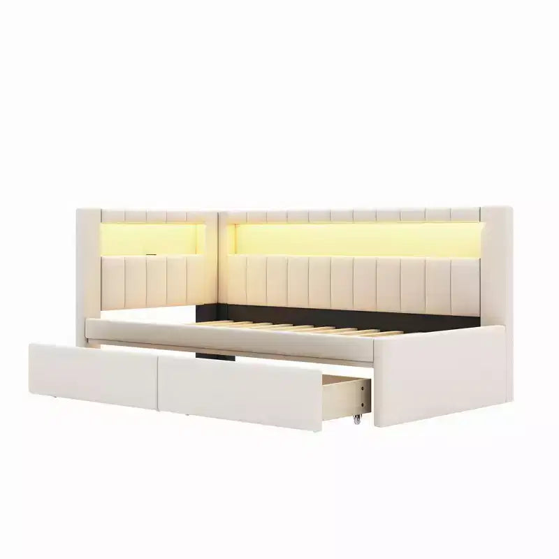 Lit plate-forme double rembourré avec ports USB et bande LED, avec 2 tiroirs, blanc