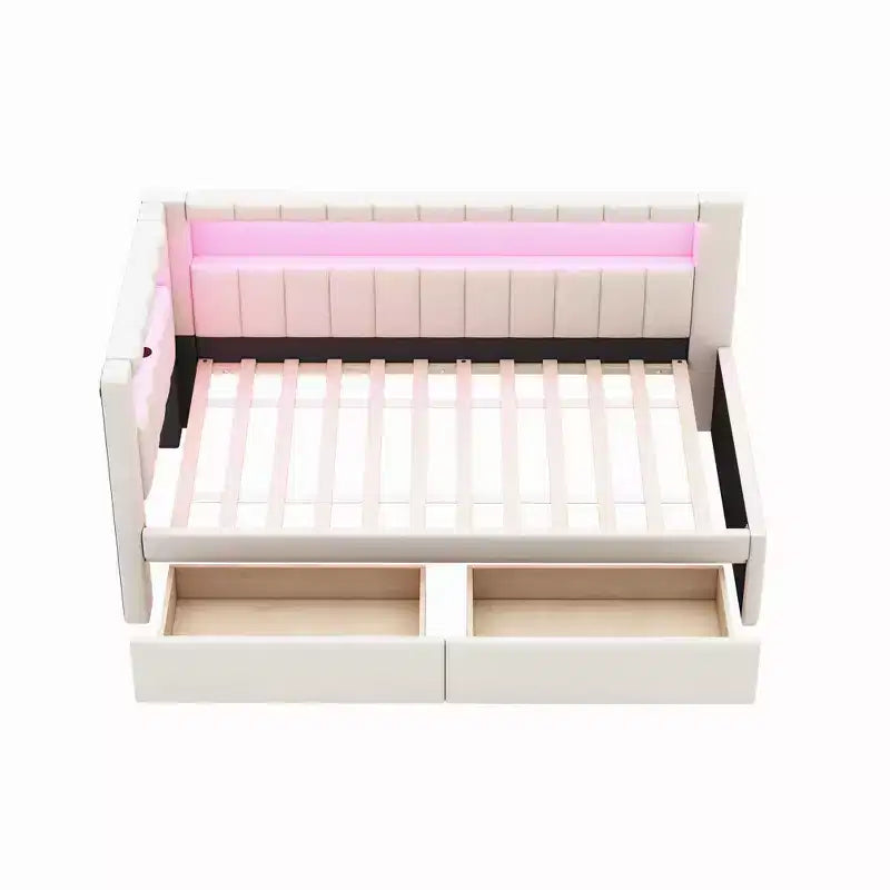 Lit plate-forme double rembourré avec ports USB et bande LED, avec 2 tiroirs, blanc