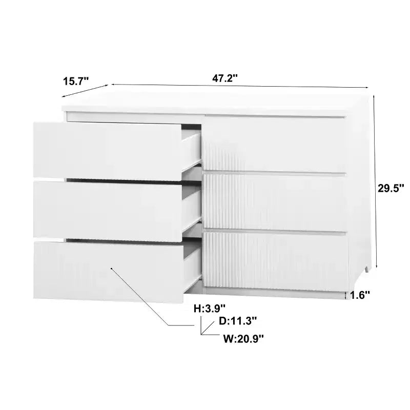 Commode à 6 tiroirs pour chambre à coucher, commode cannelée de 120 cm de large, commode en bois, meuble TV, organisateur de rangement pour vêtements pour chambre à coucher, couloir, entrée