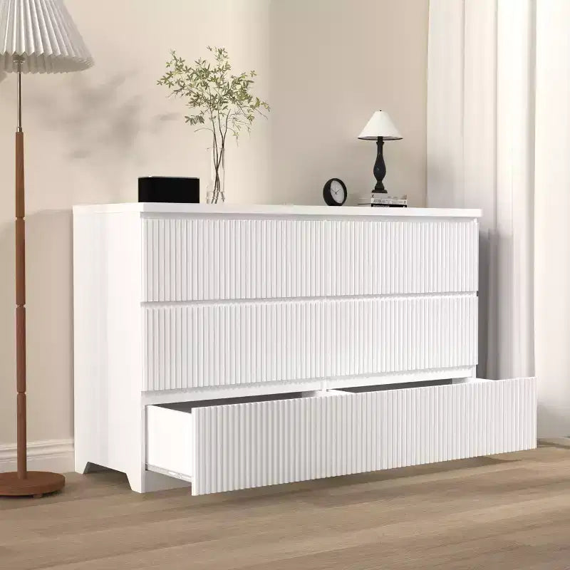 Commode à 6 tiroirs pour chambre à coucher, commode cannelée de 120 cm de large, commode en bois, meuble TV, organisateur de rangement pour vêtements pour chambre à coucher, couloir, entrée