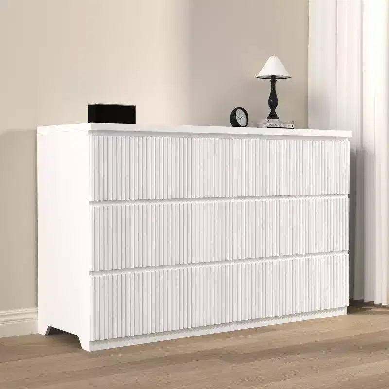 Commode à 6 tiroirs pour chambre à coucher, commode cannelée de 120 cm de large, commode en bois, meuble TV, organisateur de rangement pour vêtements pour chambre à coucher, couloir, entrée