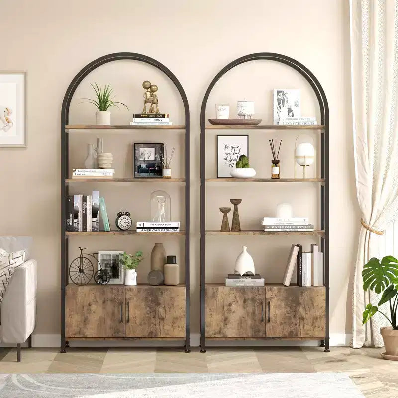 Étagère Arches 4 Niveaux avec Portes, Meuble de Rangement Industriel de 181,6 cm de Haut avec Cadre Métallique, Bibliothèque Courbe Ouverte, Étagère de Présentation