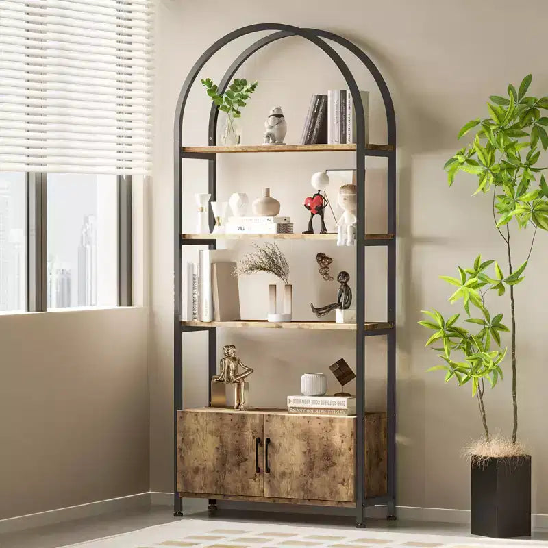 Étagère Arches 4 Niveaux avec Portes, Meuble de Rangement Industriel de 181,6 cm de Haut avec Cadre Métallique, Bibliothèque Courbe Ouverte, Étagère de Présentation