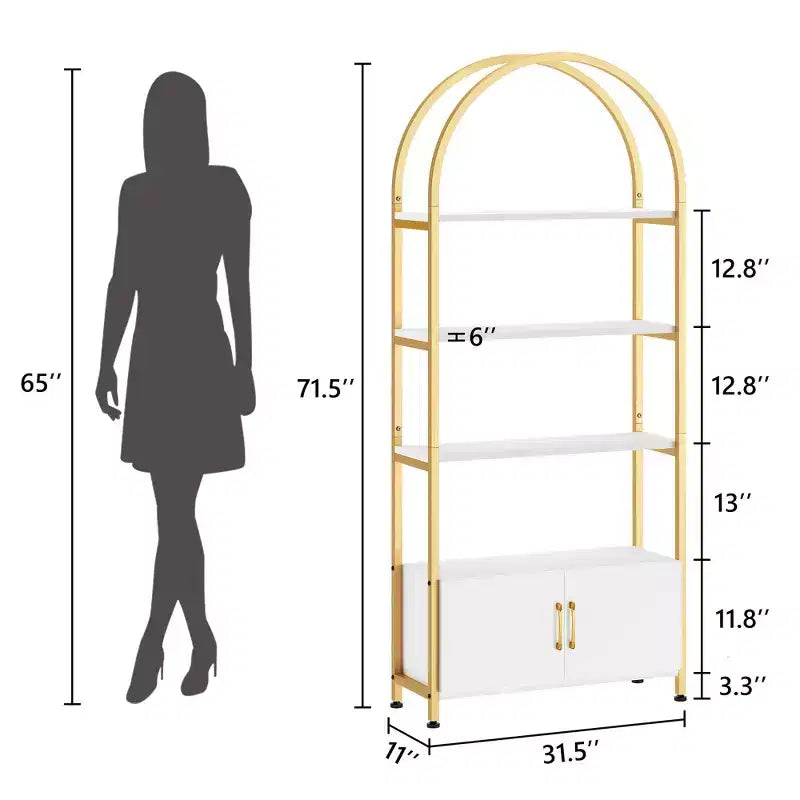 Étagère Arches 4 Niveaux avec Portes, Meuble de Rangement Industriel de 181,6 cm de Haut avec Cadre Métallique, Bibliothèque Courbe Ouverte, Étagère de Présentation