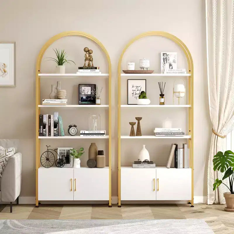 Étagère Arches 4 Niveaux avec Portes, Meuble de Rangement Industriel de 181,6 cm de Haut avec Cadre Métallique, Bibliothèque Courbe Ouverte, Étagère de Présentation