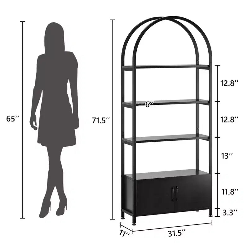 Étagère Arches 4 Niveaux avec Portes, Meuble de Rangement Industriel de 181,6 cm de Haut avec Cadre Métallique, Bibliothèque Courbe Ouverte, Étagère de Présentation