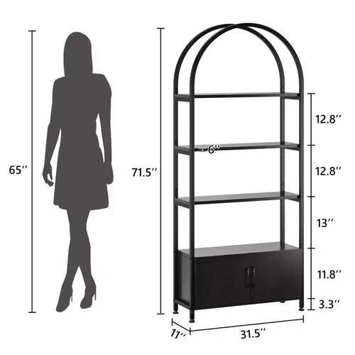 Étagère Arches 4 Niveaux avec Portes, Meuble de Rangement Industriel de 181,6 cm de Haut avec Cadre Métallique, Bibliothèque Courbe Ouverte, Étagère de Présentation
