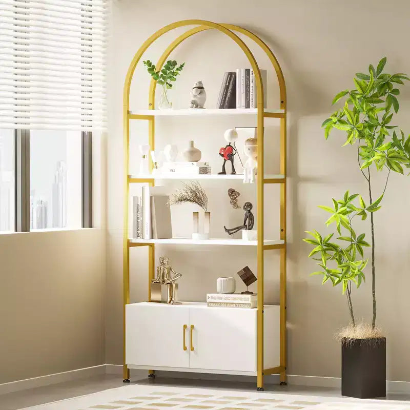Étagère Arches 4 Niveaux avec Portes, Meuble de Rangement Industriel de 181,6 cm de Haut avec Cadre Métallique, Bibliothèque Courbe Ouverte, Étagère de Présentation