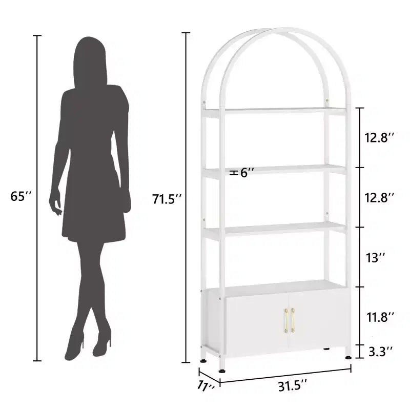 Étagère Arches 4 Niveaux avec Portes, Meuble de Rangement Industriel de 181,6 cm de Haut avec Cadre Métallique, Bibliothèque Courbe Ouverte, Étagère de Présentation