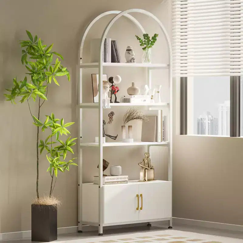 Étagère Arches 4 Niveaux avec Portes, Meuble de Rangement Industriel de 181,6 cm de Haut avec Cadre Métallique, Bibliothèque Courbe Ouverte, Étagère de Présentation