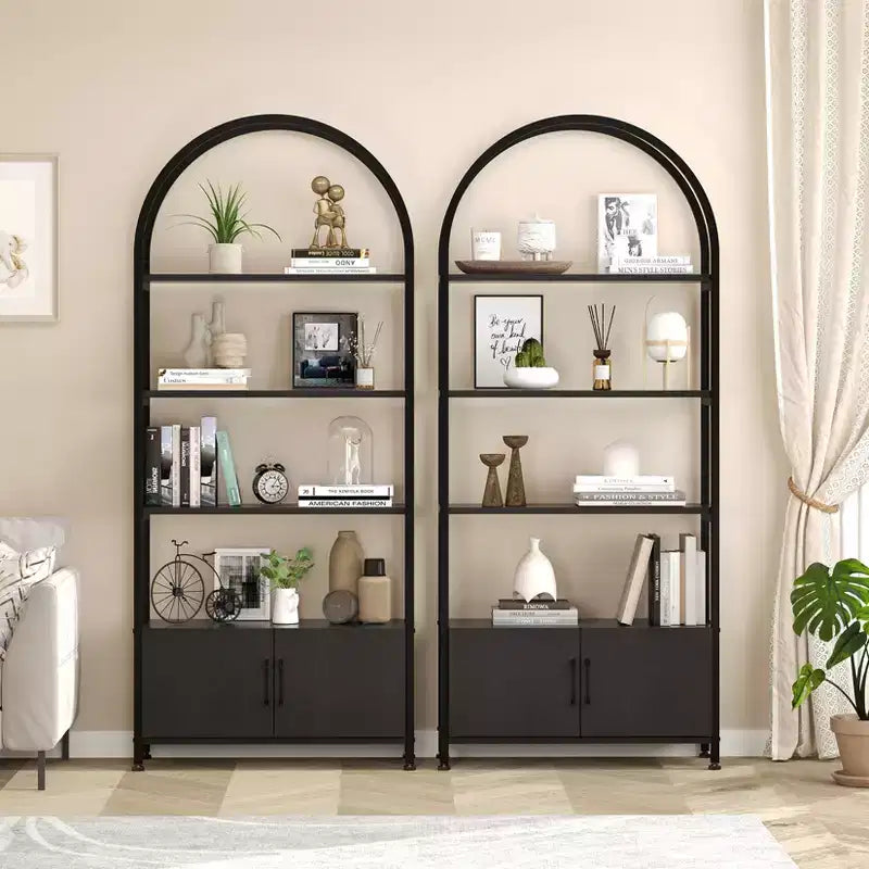 Étagère Arches 4 Niveaux avec Portes, Meuble de Rangement Industriel de 181,6 cm de Haut avec Cadre Métallique, Bibliothèque Courbe Ouverte, Étagère de Présentation